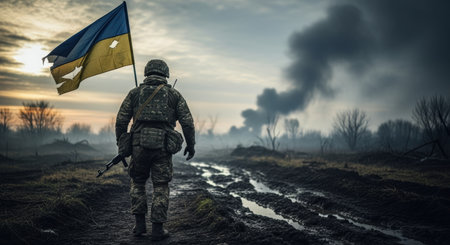 Ukrainian soldier in combat gear walks across a muddy, desolate battlefield holding a tattered flag, with smoke rising in the distance.の素材