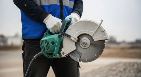 Professional construction worker in protective gloves holding a powerful circular concrete saw at a job site.の素材