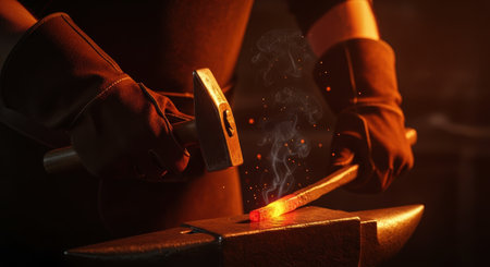 Blacksmith gloved hands striking a glowing red hot metal bar with a hammer on an anvil, creating sparks and smoke in a dark forge workshop.の素材