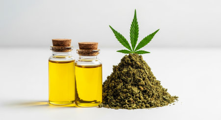 Golden cannabis CBD oil in glass vials with cork stoppers, alongside a pile of dried hemp flower and a green cannabis leaf, symbolizing natural health and wellness.の素材