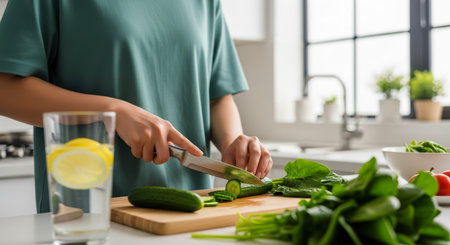 Woman hands carefully slicing fresh green cucumber on a wooden cutting board, surrounded by spinach and other vegetables in a bright, modern kitchen setting. healthy food preparation.の素材