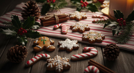 Decorated gingerbread man, snowflake, and candy cane cookies arranged with pine cones, holly, and cinnamon sticks on a festive striped cloth and wooden surface, evoking holiday spirit.の素材
