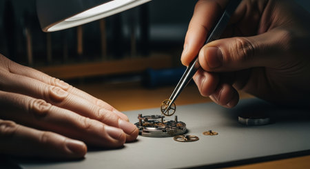 Craftsman hands meticulously assembling intricate watch movement parts with tweezers under a bright lamp, highlighting precision and detail in horology.の素材