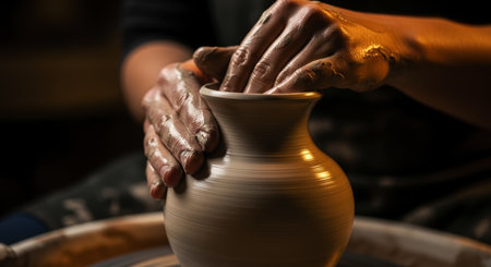 Wet hands of a potter shaping a clay vase on a pottery wheel, illustrating the creative process of ceramics and traditional art.の素材