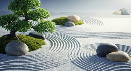 Japanese zen garden with meticulously raked sand patterns, a small bonsai tree, and smooth natural stones. represents peace, meditation, and harmony.の素材