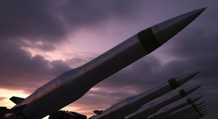 Multiple large metallic missiles angled upwards in a row against a dramatic purple and orange sunset sky, symbolizing military power and global conflict.の素材