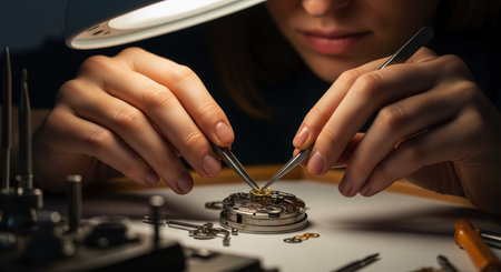 Skilled horologist hands meticulously assemble intricate watch movement components, including tiny gears and springs, using precision tweezers under bright illumination.の素材