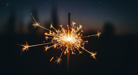 Golden sparks radiate from a burning sparkler against a dark, blurred night background. symbolizes celebration, joy, and festive events.の素材