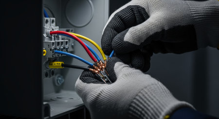 Electrician hands in protective gloves connecting red, blue, yellow, and black wires to a terminal block inside an electrical panel, showcasing electrical work and installation.の素材