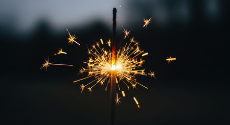 Golden sparks burst from a lit sparkler, illuminating the dark night. ideal for celebrations, holidays, and festive events.の素材