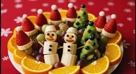 Christmas fruit platter featuring strawberry santa hats, banana snowmen, and kiwi christmas trees, surrounded by fresh orange slices and grapes on a festive red background.の素材