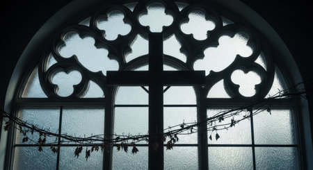 Wooden cross and thorny vine silhouetted against an ornate arched window with textured glass, creating a somber and symbolic religious scene.の素材