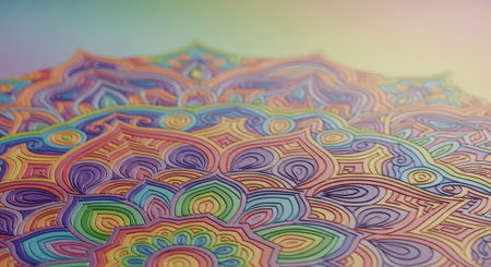 Vibrant rainbow colored abstract pattern with intricate lines, detailed shapes, and a subtle embossed texture, creating a visually rich and decorative background.の素材
