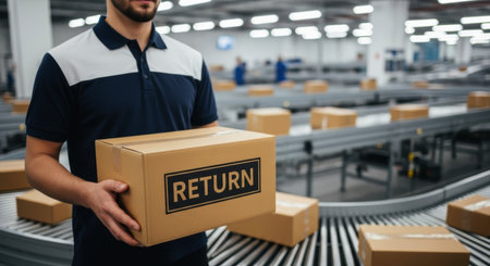 Delivery man holding a brown cardboard box with RETURN label in a modern package sorting facility with conveyor belts and other parcels.の素材