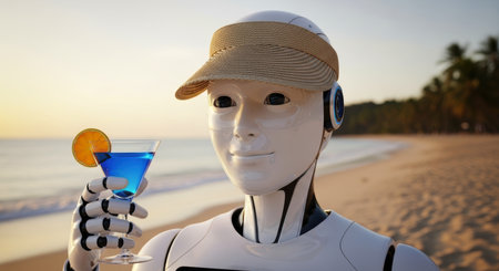 Humanoid robot wearing a sun visor, holding a blue cocktail with an orange slice on a sandy beach with ocean waves and palm trees at sunset.の素材