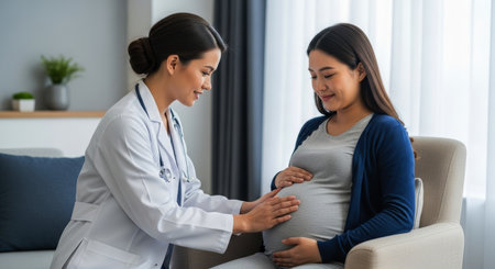 Female doctor in white coat gently touches the belly of a smiling pregnant woman during a prenatal examination.の素材