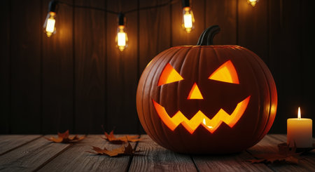 Carved halloween jack o lantern with a glowing face sits on a rustic wooden table, surrounded by autumn leaves and illuminated by string lights and a candle, creating a festive atmosphere.の素材