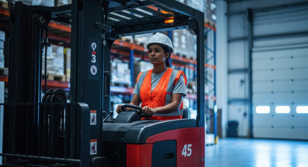Skilled female forklift operator in a hard hat and safety vest driving a red forklift in a modern, brightly lit warehouse with shelves.の素材