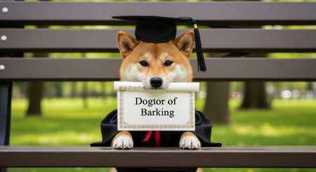 Shiba inu dog dressed in a black graduation cap and gown, sitting on a wooden park bench, proudly holding a diploma that reads dogtor of barking in a blurred outdoor setting.の素材
