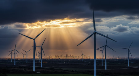 Field of towering wind turbines generating clean energy under a dramatic sky with golden sun rays breaking through dark clouds, distant city skyline visible.の素材