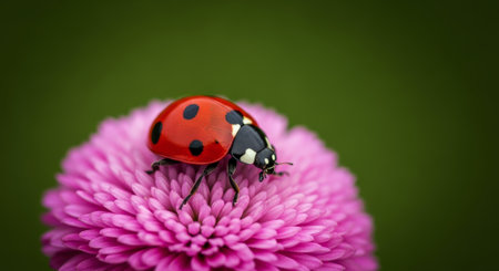 Vibrant red ladybug with black spots on a bright pink flower, close up view with a soft green background.の素材