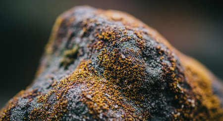 Textured rock surface covered in vibrant orange, yellow, and grey lichen and moss, showcasing natural organic patterns and a small water droplet.の素材