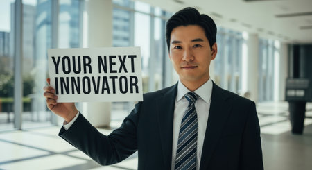 Confident east asian businessman in a suit holding a sign YOUR NEXT INNOVATOR in a modern office. represents future talent, innovation, and professional potential.の素材
