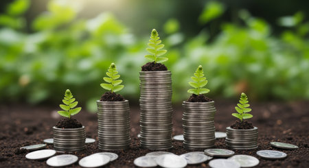 Green plants growing from ascending stacks of silver coins on rich soil, symbolizing financial growth, investment, savings, and prosperity.の素材