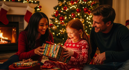 Multiethnic family, mother, father, and young daughter, joyfully opening christmas presents by a glowing fireplace and decorated tree, celebrating holiday season.の素材