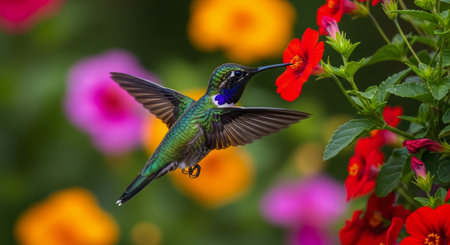 Vibrant green and blue hummingbird in mid flight, hovering near a bright red flower, feeding on nectar. blurred colorful garden background.の素材