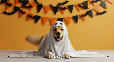 Golden retriever dog dressed as a ghost, lying on the floor with a happy expression, surrounded by festive orange and black halloween decorations and bat garland.の素材