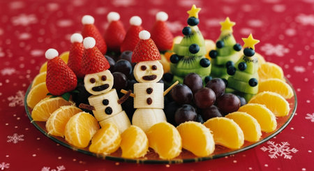 Christmas fruit platter featuring banana snowmen with raisin faces, kiwi christmas trees with blueberry ornaments, and strawberry santa hats, surrounded by orange slices and grapes on a festive red background.の素材