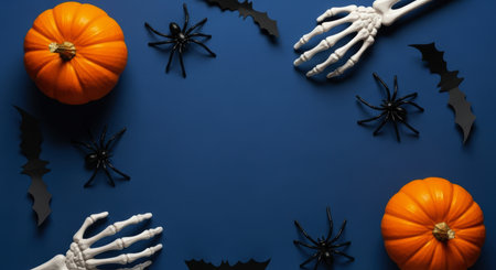Spooky halloween flat lay featuring orange pumpkins, black spiders, white skeleton hands, and paper bats arranged on a dark blue surface. perfect for holiday celebrations.の素材