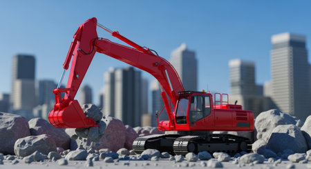 Bright red excavator with its arm extended, digging into a pile of grey rocks on a construction site. modern city buildings are visible in the background under a clear blue sky.の素材