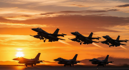 Multiple military fighter jets taking off from a runway at sunset, silhouetted against a vibrant orange and yellow sky, symbolizing power and defense.の素材