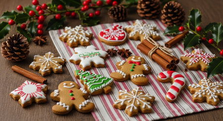 Assortment of festive christmas gingerbread and sugar cookies, intricately decorated with icing, arranged on a striped cloth with holiday elements like holly, pine cones, and cinnamon sticks.の素材
