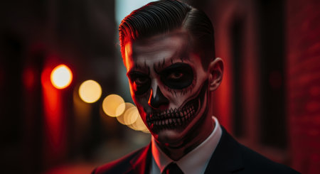 Young man with detailed skull face paint, wearing a suit and tie, standing in a dark urban setting with red and orange bokeh lights.の素材
