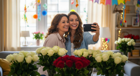 Smiling mother and adult daughter taking a selfie with a smartphone, surrounded by white and red roses, in a brightly decorated living room for a celebration.の素材