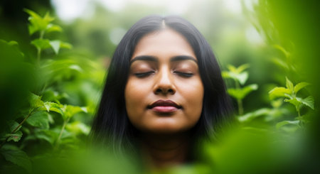 Young woman with eyes closed, meditating peacefully amidst vibrant green foliage. concept of mindfulness, relaxation, and nature connection.の素材