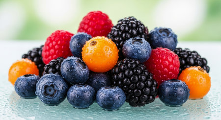 Pile of fresh, wet blueberries, raspberries, blackberries, and orange physalis berries with water droplets on a reflective surface.の素材