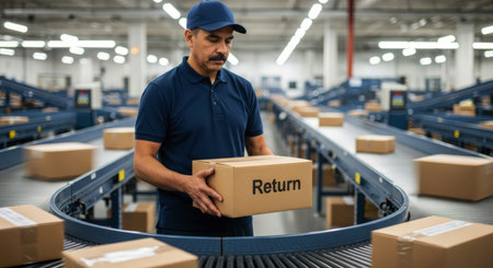 Warehouse worker in a blue uniform holding a cardboard box labeled return on a conveyor belt in a large, automated logistics sorting facility. depicts efficient package handling and e commerce returns.の素材