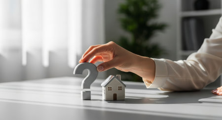 Woman hand placing a question mark symbol next to a miniature house model, symbolizing real estate questions, property decisions, and home investment uncertainty.の素材