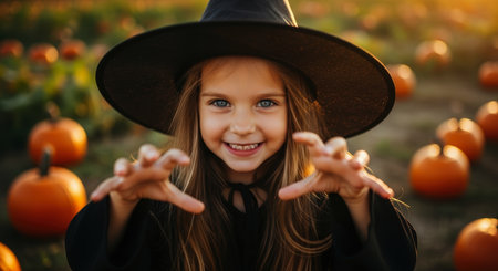 Little girl in a black witch costume and hat, smiling and making a playful scary gesture in a vibrant autumn pumpkin patch at sunset.の素材