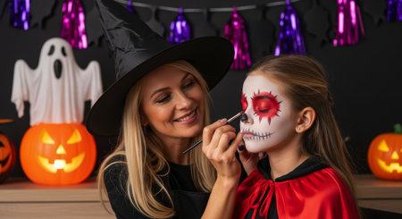 Woman in witch hat applying spooky halloween skull makeup to a young girl face, surrounded by festive decorations like pumpkins and ghosts.の素材