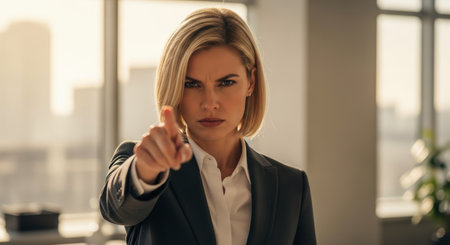 Blonde businesswoman in a charcoal suit with a stern expression, pointing directly at the viewer in a bright corporate office environment.の素材