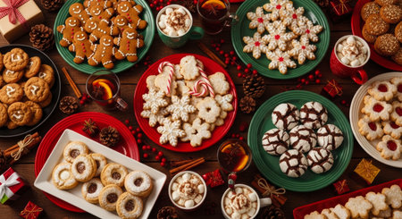 Various christmas cookies including gingerbread men, sugar cookies, and chocolate crinkles, arranged on plates with hot cocoa and mulled wine, on a rustic wooden table with holiday decor.の素材