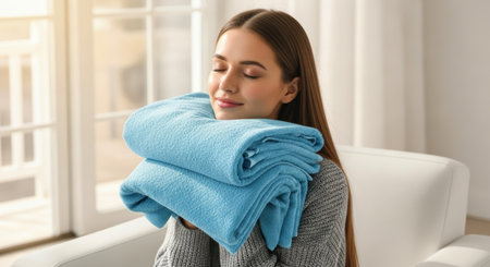 Young woman holding a stack of light blue fluffy towels to her face, eyes closed, enjoying the fresh scent and softness, symbolizing comfort and cleanliness.の素材