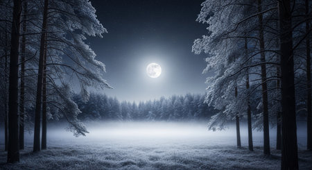 Winter forest clearing illuminated by a full moon, with dense fog covering the ground and snow covered pine trees framing the serene night scene.の素材