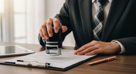 Professional hand in a suit stamping an official document on a wooden desk, symbolizing approval, legal process, and contract signing.の素材