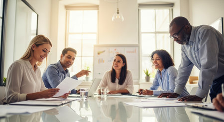 Multi ethnic business team engaged in a productive meeting, reviewing reports and sharing ideas in a modern, sunlit conference room.の素材